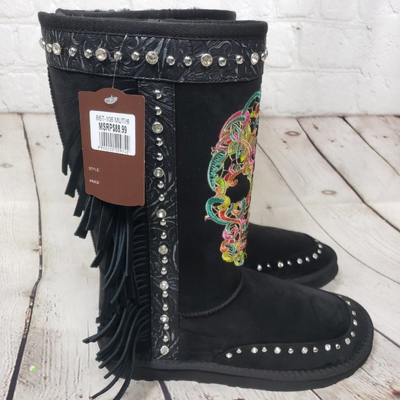 MONTANA WEST Black Sugar Skull Shearling Boots - Picture 4 of 9